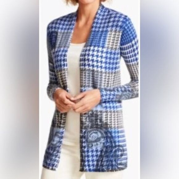 Talbots size 1X Merino Wool Blue White Black Paisley Houndstooth Open Cardigan - Picture 3 of 9
